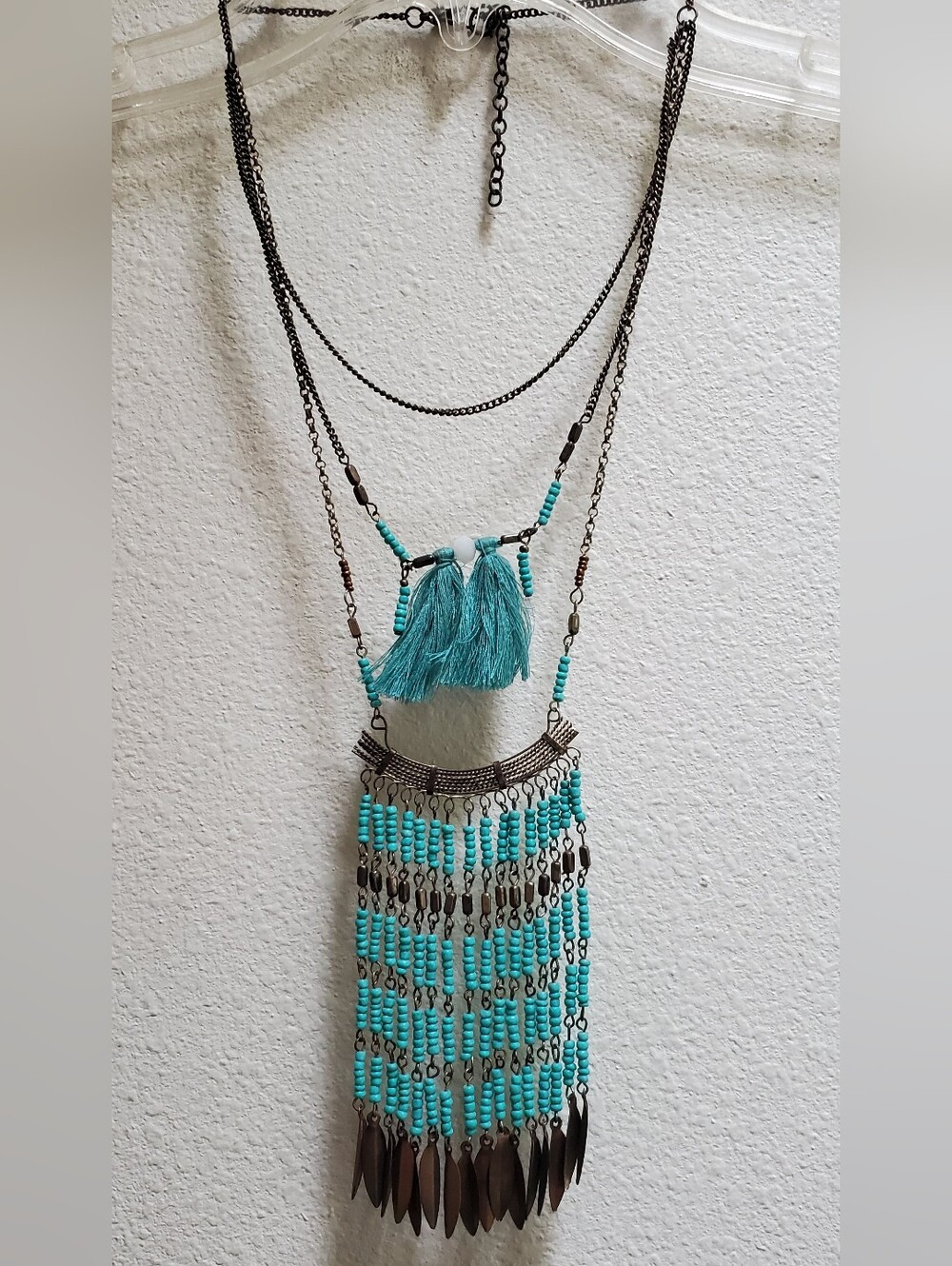 Turquoise Beaded Tassel Layered Necklace - Women Jewelry